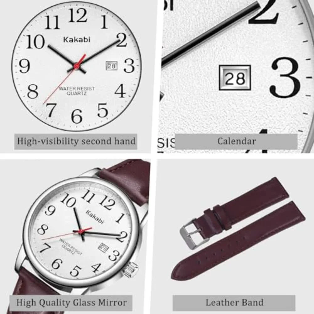 40mm Analog Leather Watch with Date Window, Water Resistant Unisex Timepiece